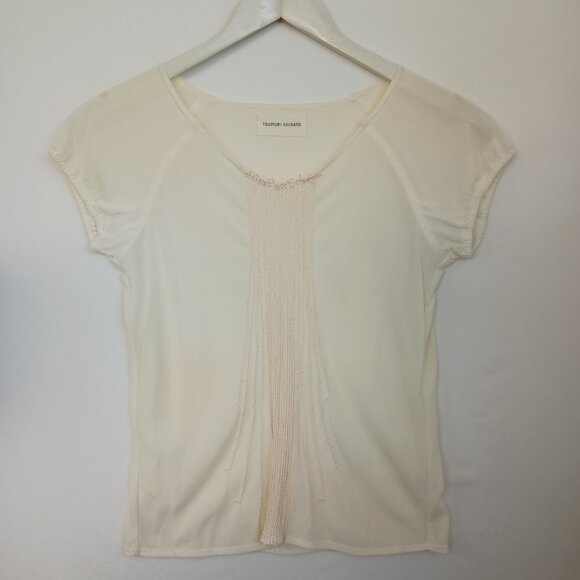 Tsumori Chisato Top Ivory Cream Silky Short Sleeve Designer Blouse Size Small - Picture 2 of 6